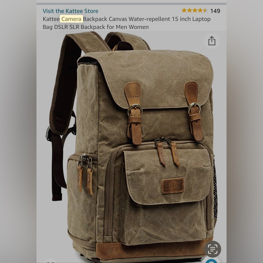 Kattee Camera Canvas Backpack. Water repellant. Fits 15 inch laptop. Brand New.